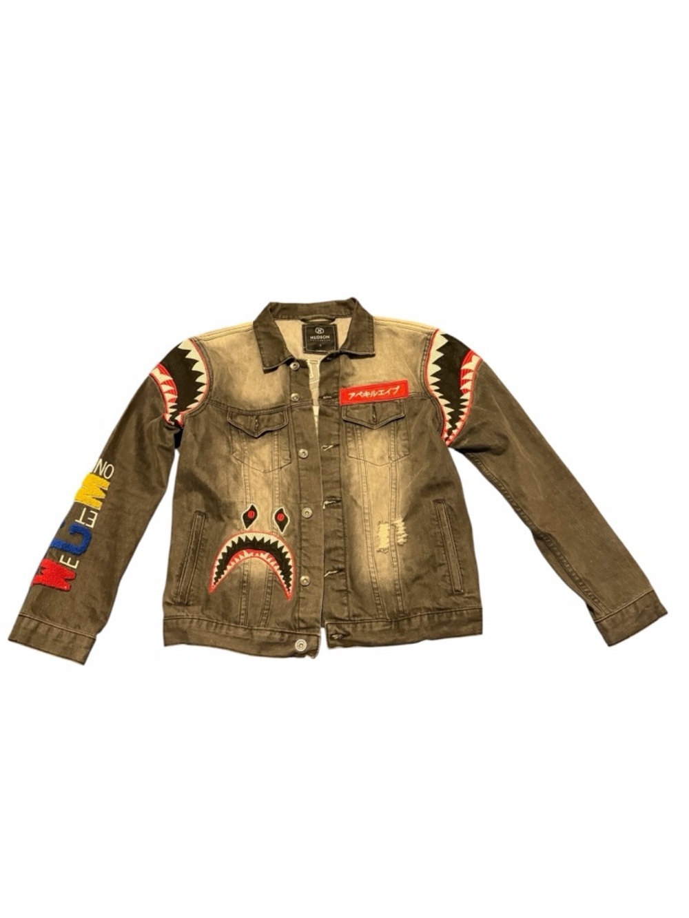 Hudson Jeans black men Denim Jacket with Shark Patch Accents, pre-owned, - Picture 6 of 13
